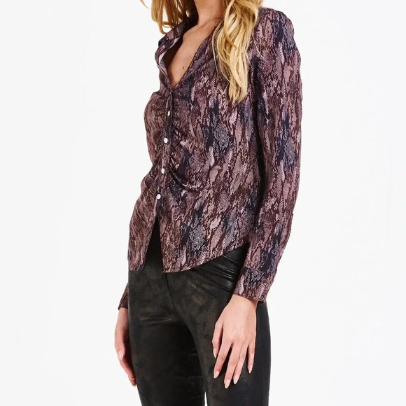 Y2K Babydoll Snake Print Gathered Front Buttoned Shirt Blouse Top Size Small - Picture 2 of 12